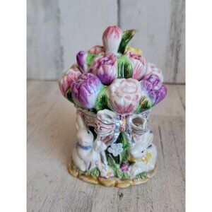 Tulips bunny vintage‎ floral sugar container tea accessory rabbit spring